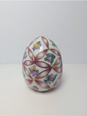 Vintage Hand Painted Glazed Ceramic Egg Floral Pink Ribbon Excellent Condition